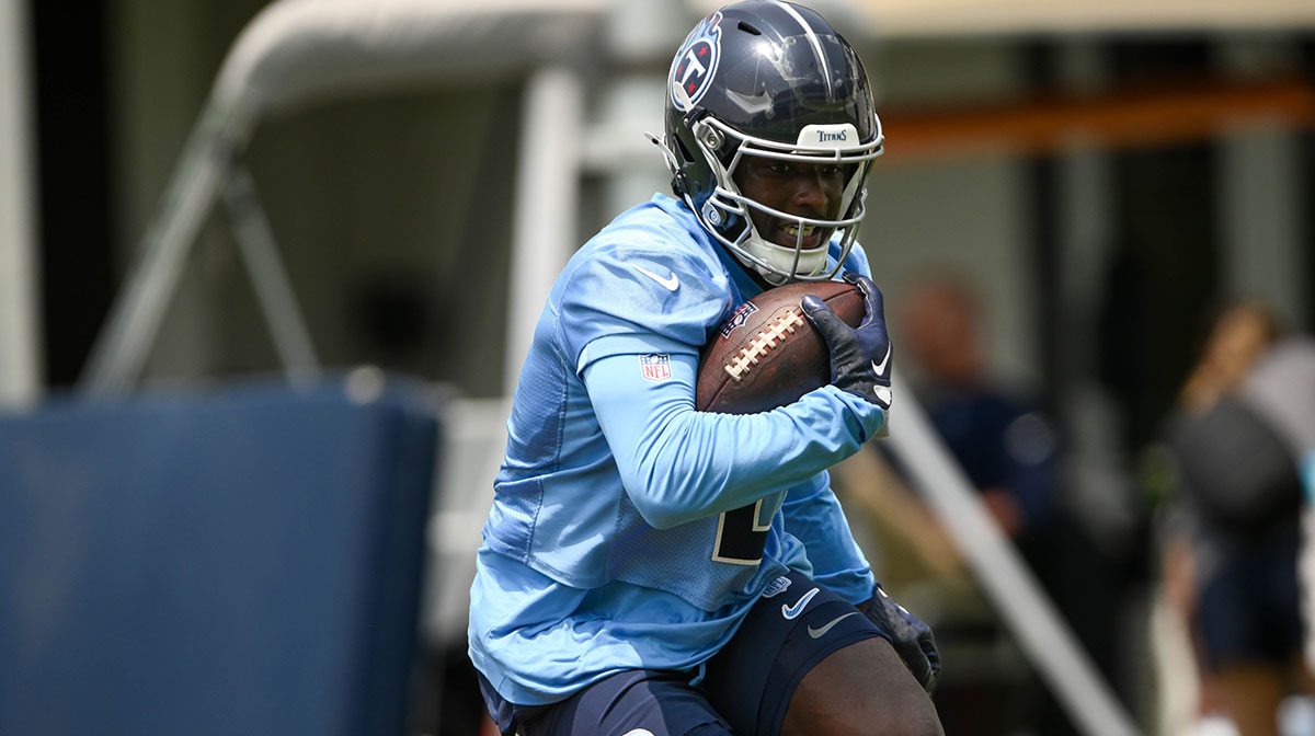 Tennessee Titans running back Tyjae Spears (2) goes through running drills during minicamp at Nissan Stadium.