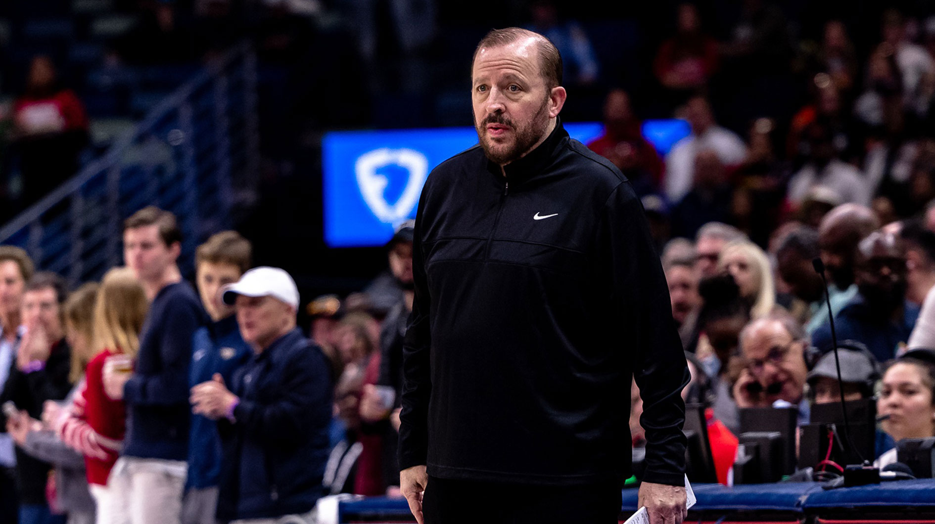 New York Knicks head coach Tom Thibodeau looks on during the first half against the New Orleans Pelicans.