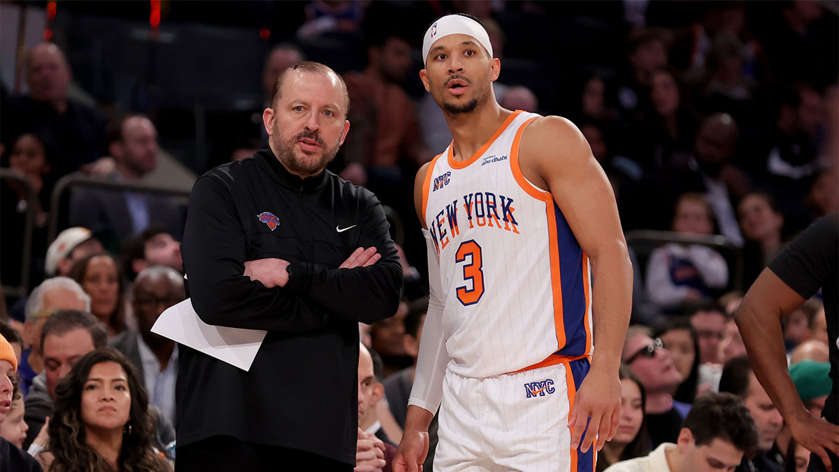 New York Knicks head coach Tom Thibodeau talks to guard Josh Hart (3) during the second quarter against the Milwaukee Bucks at Madison Square Garden.