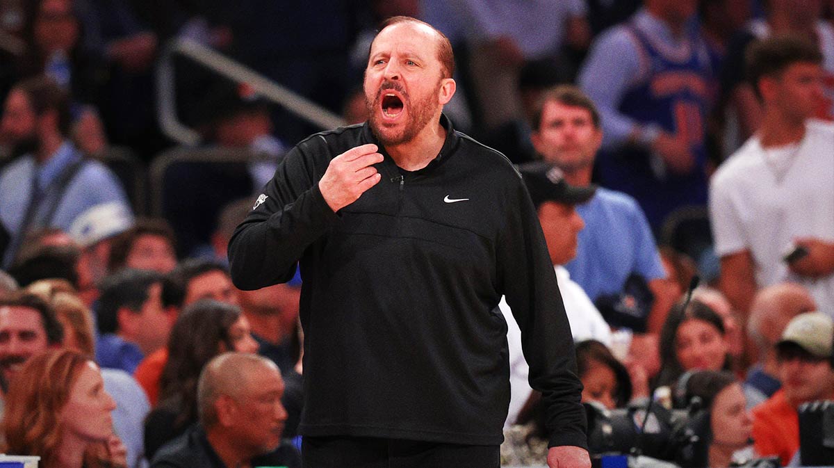 New York Knicks head coach Tom Thibodeau reacts in the fourth quarter against the Indiana Pacers during game five of the eastern conference finals for the 2025 NBA Playoffs at Madison Square Garden.