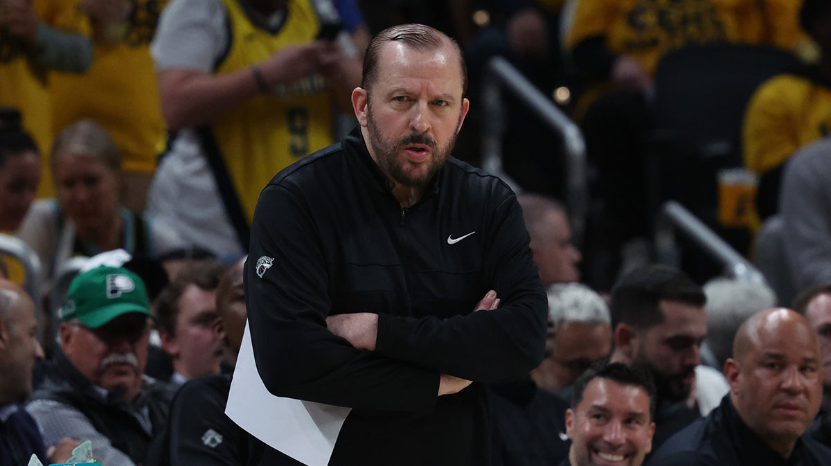 New York Knicks head coach Tom Thibodeau watches play downcourt during the second quarter against the Indiana Pacers of game four of the eastern conference finals for the 2025 NBA Playoffs at Gainbridge Fieldhouse. Trevor Ruszkowski-Imagn Images