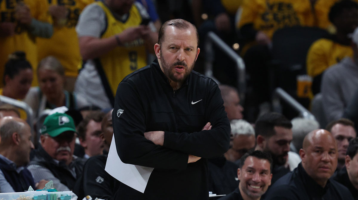 New York Knicks head coach Tom Thibodeau watches play downcourt during the second quarter against the Indiana Pacers of game four of the eastern conference finals for the 2025 NBA Playoffs at Gainbridge Fieldhouse.