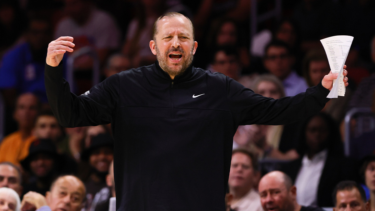 New York Knicks head coach Tom Thibodeau reacts from the sideline against the Miami Heat during the fourth quarter at Kaseya Center.