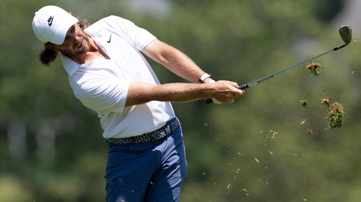 Tommy Fleetwood plays a shot on the second hole during the final round of the Travelers Championship golf tournament.