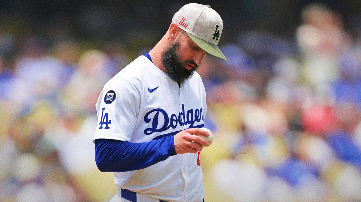 May 18, 2025; Los Angeles, California, USA; Los Angeles Dodgers pitcher Tony Gonsolin (26) reacts after Los Angeles Angels outfielder Taylor Ward (3) hits a two home run in the first inning at Dodger Stadium. Mandatory Credit: Jayne Kamin-Oncea-Imagn Images