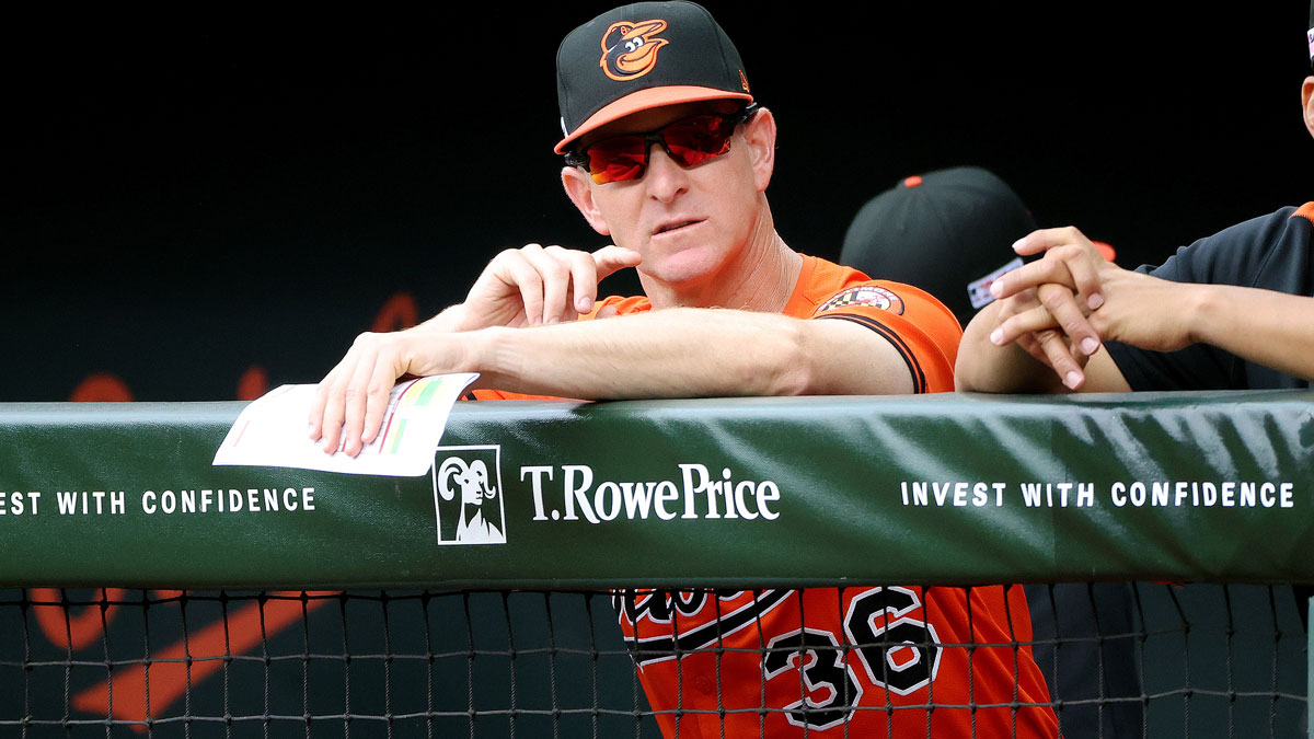 Jun 14, 2025; Baltimore, Maryland, USA; Baltimore Orioles interim manager Tony Mansolino (36) looks on before a game against the Los Angeles Angels at Oriole Park at Camden Yards. Mandatory Credit: Daniel Kucin Jr.-Imagn Images