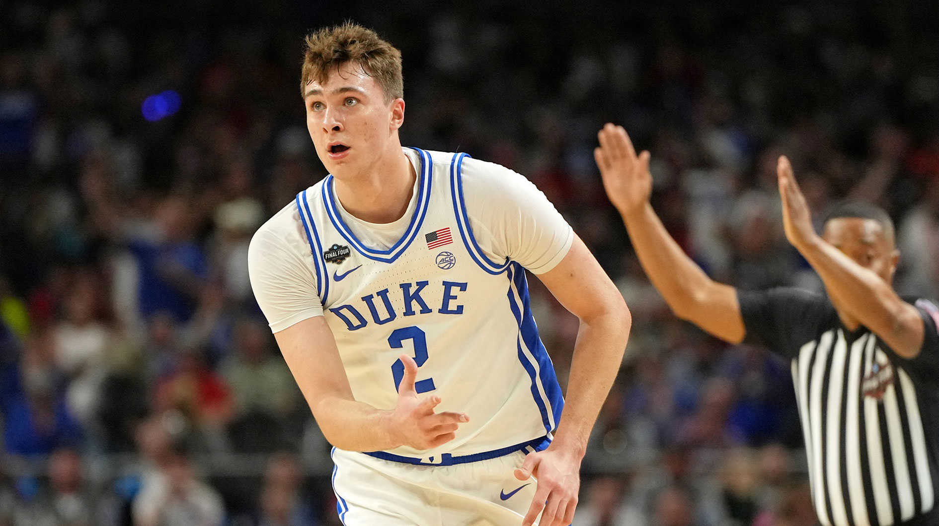 Duke Blue Devils forward Cooper Flagg (2) reacts after a three point basket against the Houston Cougars during the first half in the semifinals of the men's Final Four of the 2025 NCAA Tournament at the Alamodome.
