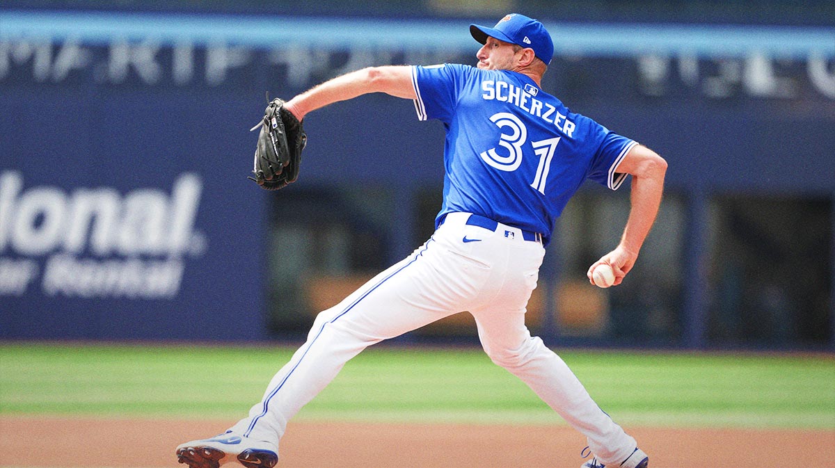 Toronto Blue Jays pitcher Max Scherzer (31) throws a pitch during a live session of batting practice before a game against the Philadelphia Phillies at Rogers Centre.