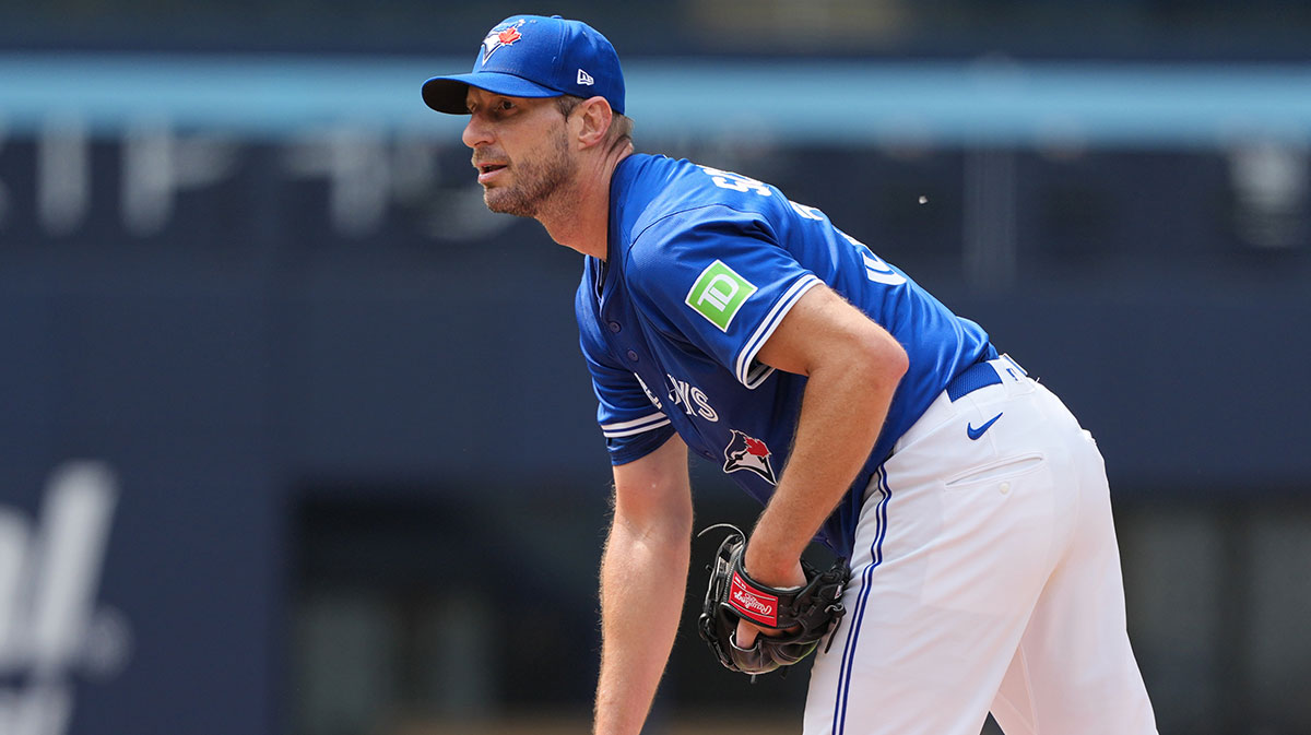 Toronto Blue Jays pitcher Max Scherzer (31) throws a pitch during a live session of batting practice before a game against the Philadelphia Phillies at Rogers Centre.