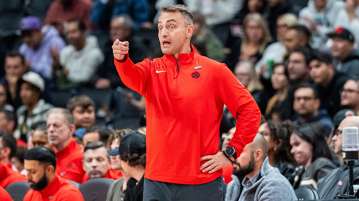 Toronto Raptors head coach Darko Rajaković looks on from the bench during a NBA game against the Boston Celtics at Scotiabank Arena.