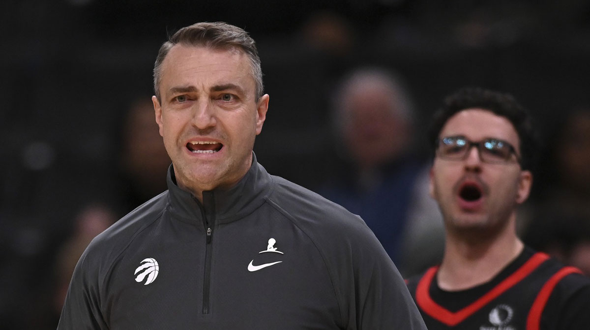 Toronto Raptors head coach Darko Rajaković reacts during the second half against the Washington Wizards at Capital One Arena.