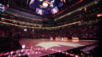 May 13, 2023; Toronto, Ontario, Canada; A general view of Scotiabank Arena during the anthem before the first ever WNBA game in Canada between Chicago Sky and Minnesota Lynx. Mandatory Credit: John E. Sokolowski-Imagn Images