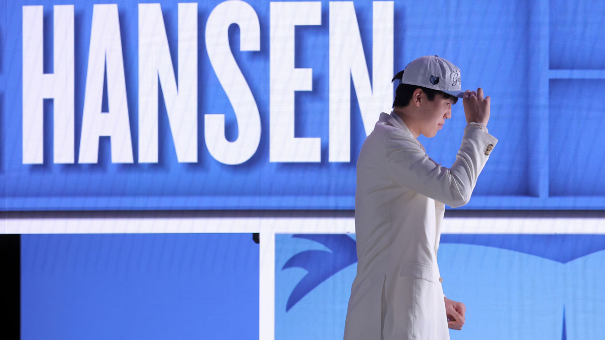 Yang Hansen looks on after being selected as the 16th pick by the Memphis Grizzlies in the first round of the 2025 NBA Draft at Barclays Center.