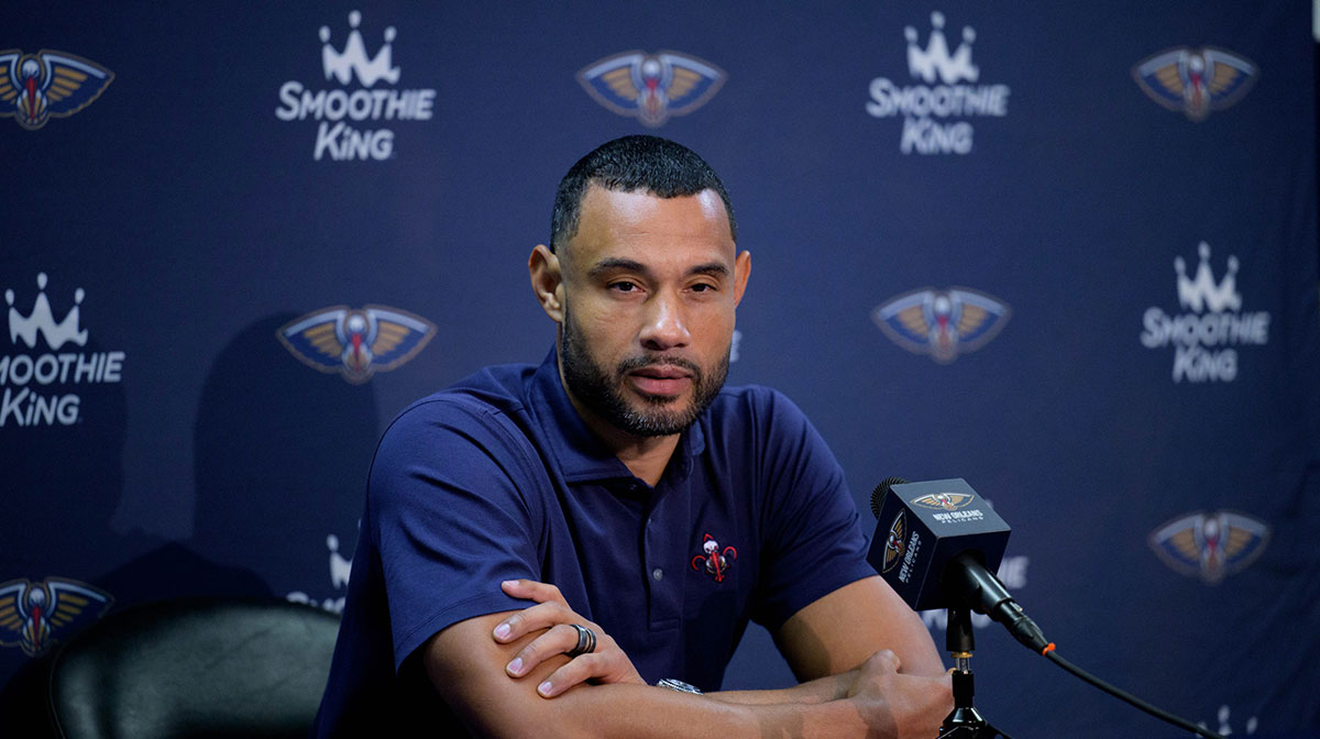 New Orleans Pelicans general manager Trajan Langdon speaks during Media Day at the Smoothie King Center.