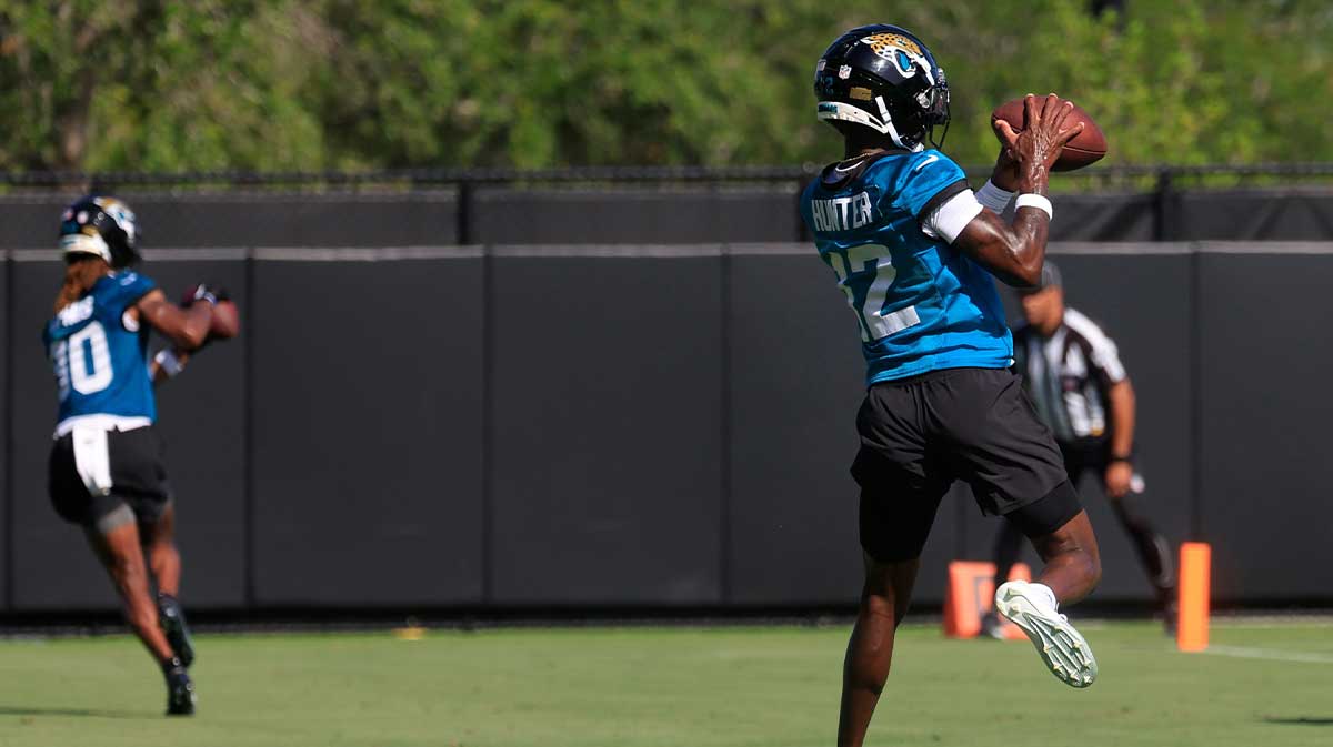 Jacksonville Jaguars wide receiver Travis Hunter (12) catches a pass during the second mandatory minicamp at Miller Electric Center Wednesday, June 11, 2025 in Jacksonville, Fla.