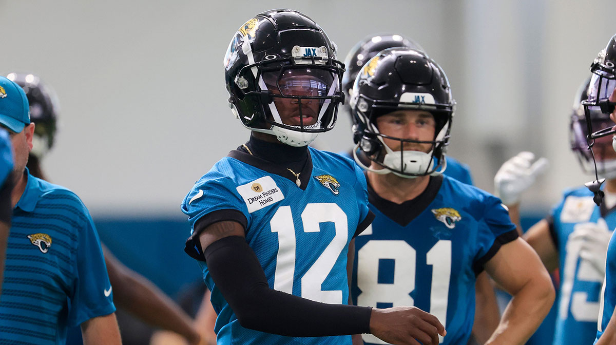 Jacksonville Jaguars wide receiver Travis Hunter (12) looks on during the 10th organized team activity at Miller Electric Center Wednesday, June 4, 2025 in Jacksonville, Fla. [Corey Perrine/Florida Times-Union]