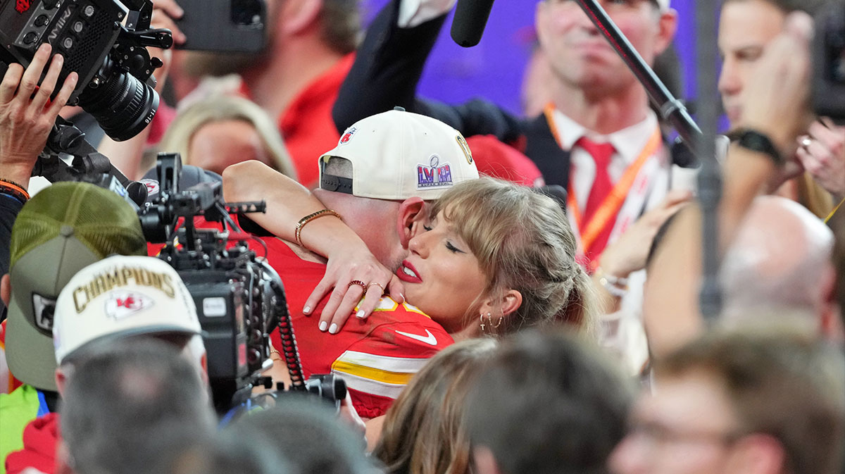 Kansas City Chiefs star Travis Kelce and Taylor Swift, who Pat McAfee discussed on his show, at Super Bowl 58.