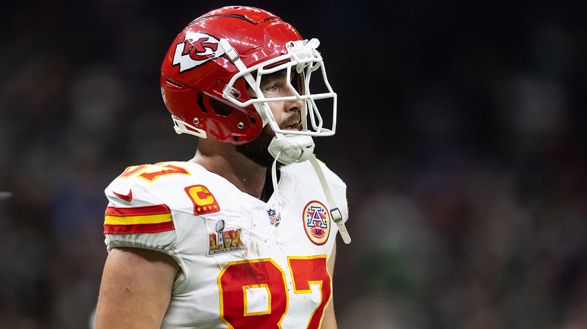 Kansas City Chiefs tight end Travis Kelce (87) reacts in the fourth quarter against the Philadelphia Eagles in Super Bowl LIX at Ceasars Superdome