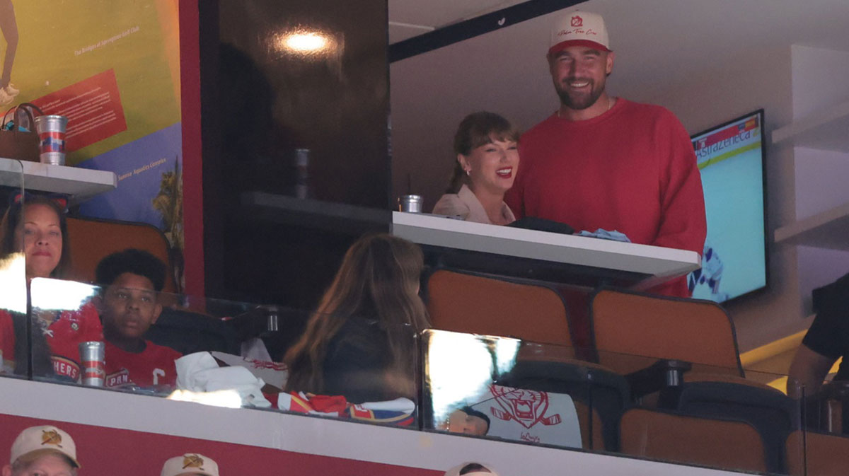 American singer-songwriter Taylor Swift and Kansas City Chiefs Travis Kelce are in attendance during the game between Edmonton Oilers and Florida Panthers in game four of the 2025 Stanley Cup Final at Amerant Bank Arena.
