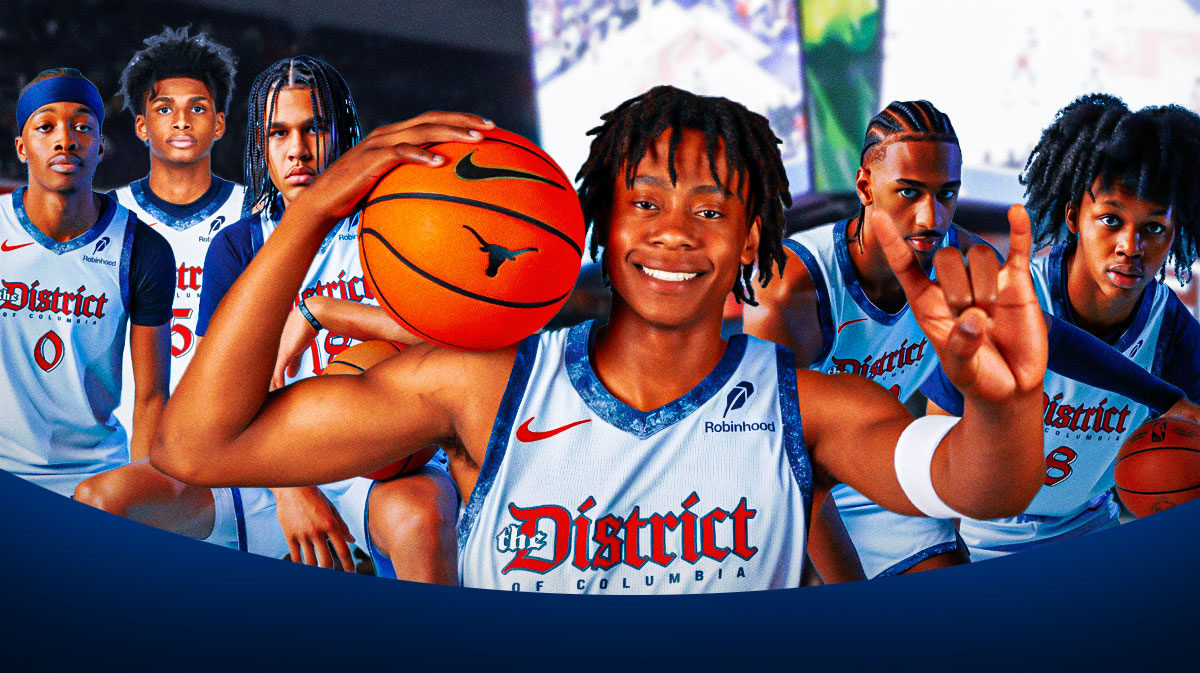 Tre Johnson in Wizards jersey smiles next to Bub Carrington, Alex Sarr, Kyshawn George, Bilal Coulibaly, and AJ Johnson