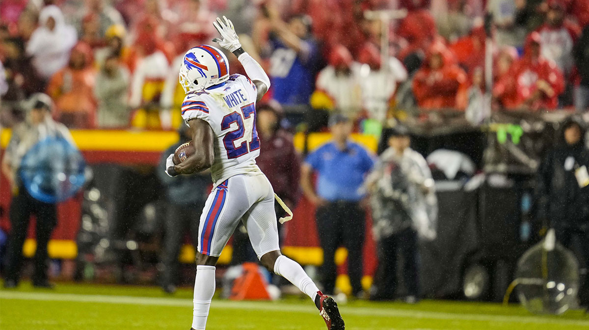 Oct 10, 2021; Kansas City, Missouri, USA; Buffalo Bills cornerback Tre'Davious White (27) celebrates after recovering a fumble against the Kansas City Chiefs during the second half at GEHA Field at Arrowhead Stadium.