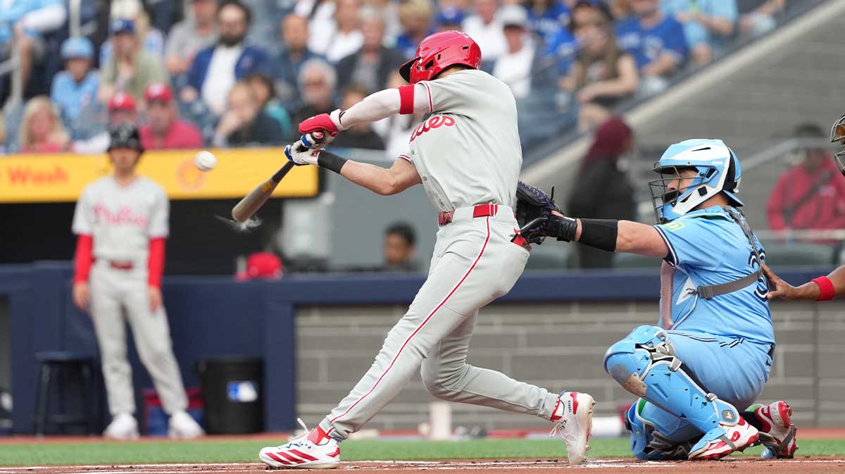 Philadelphia Phillies shortstop Trea Turner (7) hits a two run home run against the Toronto Blue Jays during the first inning at Rogers Centre.