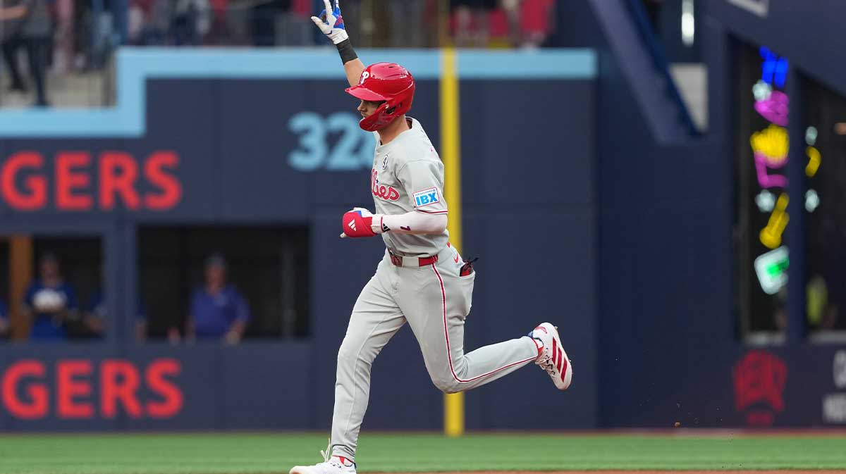 Philadelphia Phillies shortstop Trea Turner (7) celebrates hitting a two run home run against the Toronto Blue Jays during the first inning at Rogers Centre.