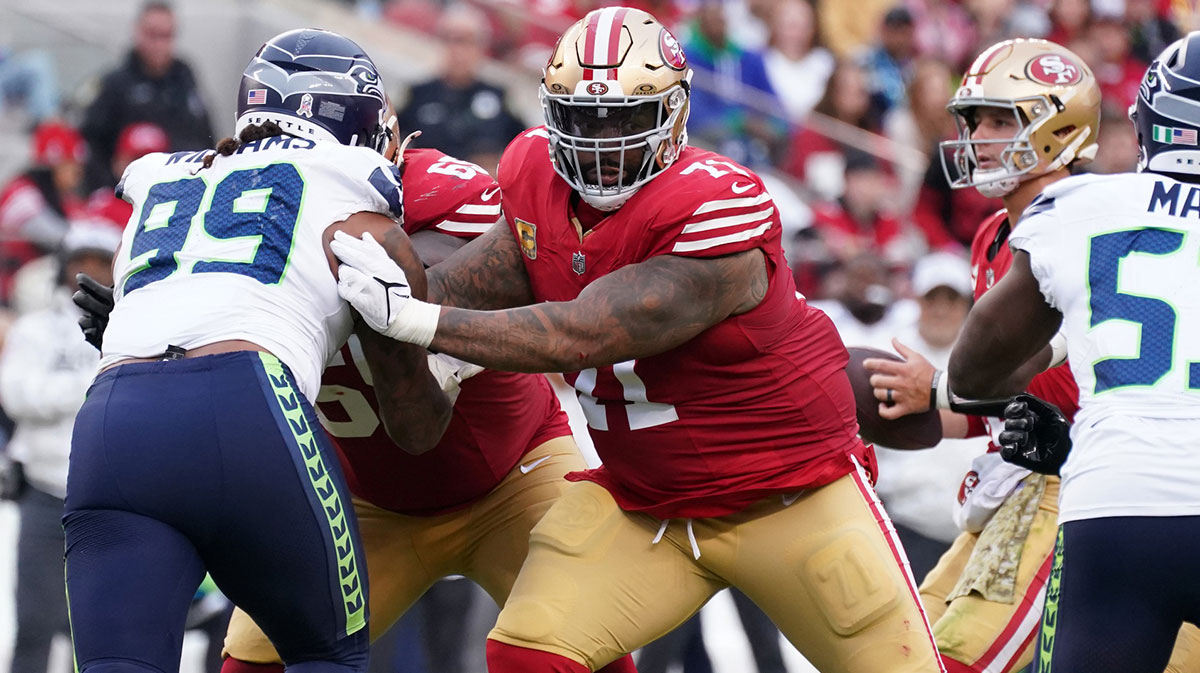 San Francisco 49ers offensive tackle Trent Williams (71) blocks Seattle Seahawks defensive end Leonard Williams (99) in the third quarter at Levi's Stadium.