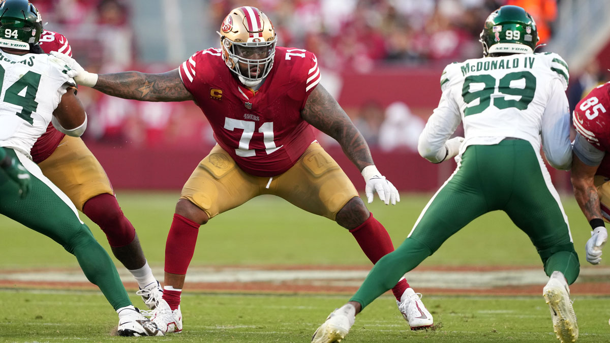 San Francisco 49ers offensive tackle Trent Williams (71) blocks against New York Jets defensive end Will McDonald IV (99) during the third quarter at Levi's Stadium.