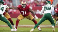 San Francisco 49ers offensive tackle Trent Williams (71) blocks against New York Jets defensive end Will McDonald IV (99) during the third quarter at Levi's Stadium. Darren Yamashita-Imagn Images