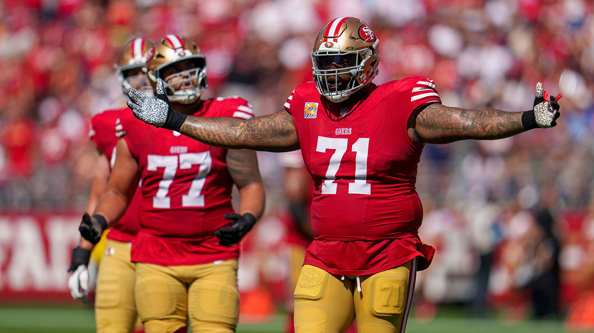 San Francisco 49ers offensive tackle Trent Williams (71) reacts after a foul negates a touchdown against the New England Patriots during the second quarter at Levi's Stadium.
