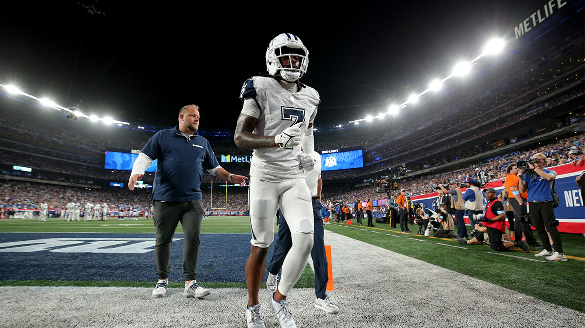 Dallas Cowboys cornerback Trevon Diggs (7) leaves the field after an injury during the fourth quarter against the New York Giants at MetLife Stadium.