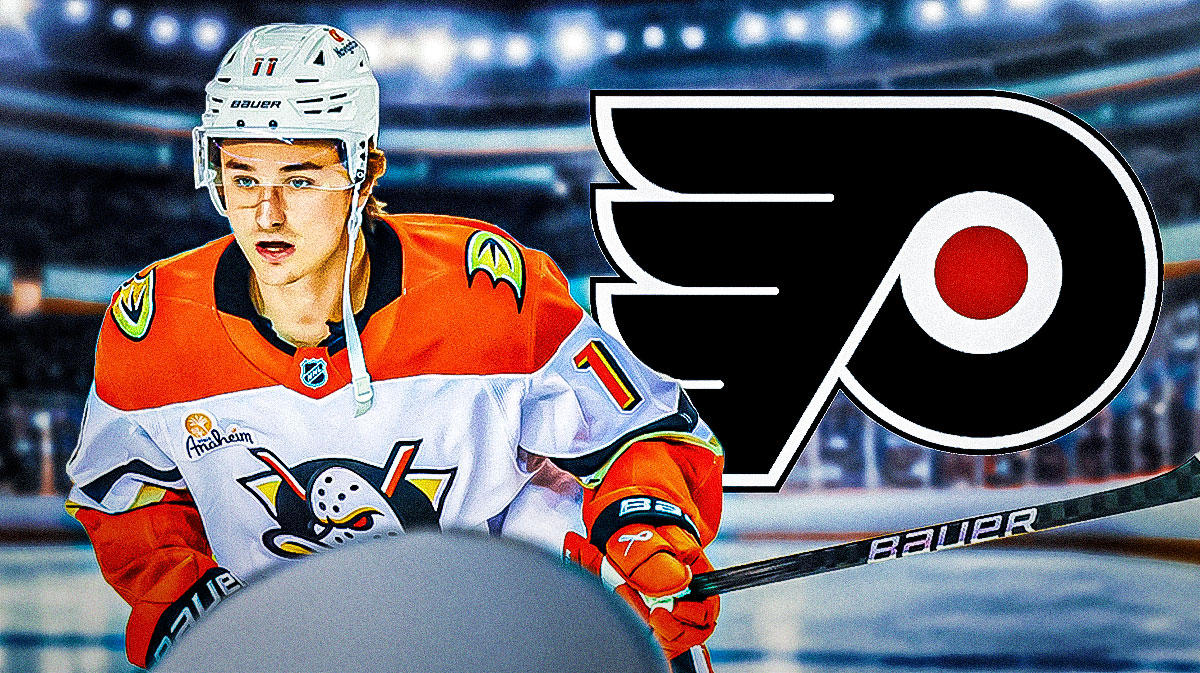Trevor Zegras next to Flyers logo