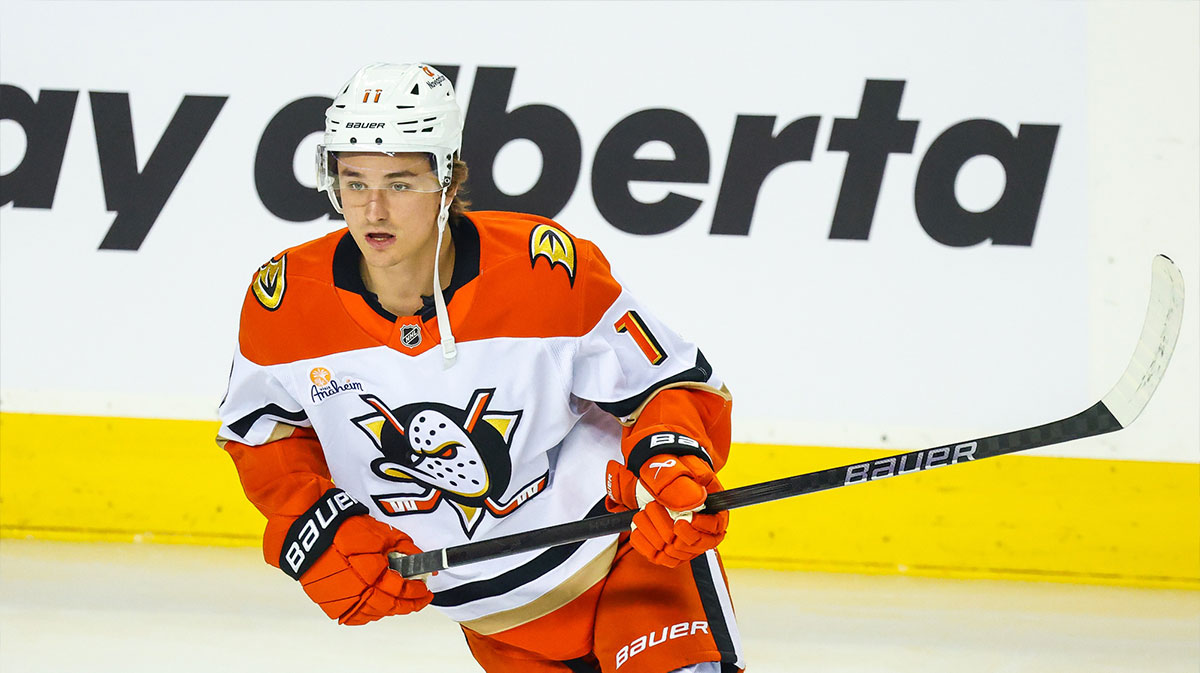 Anaheim Ducks center Trevor Zegras (11) skates during the warmup period against the Calgary Flames at Scotiabank Saddledome.