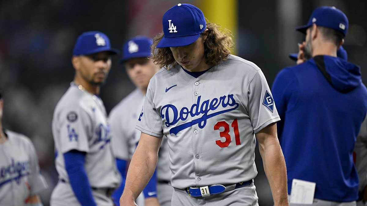 Los Angeles Dodgers starting pitcher Tyler Glasnow (31) leaves the game against the Texas Rangers during the fifth inning at Globe Life Field.