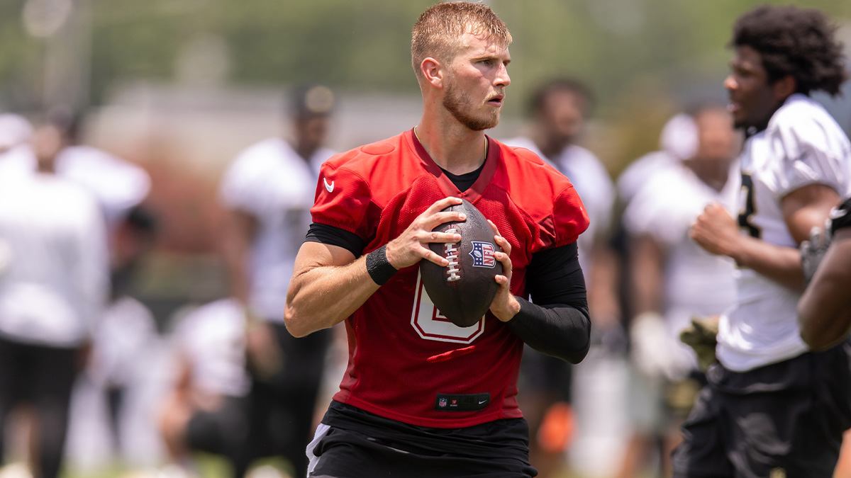 New Orleans Saints quarterback Tyler Shough (6) passes the ball during minicamp at Ochsner Sports Performance Center.