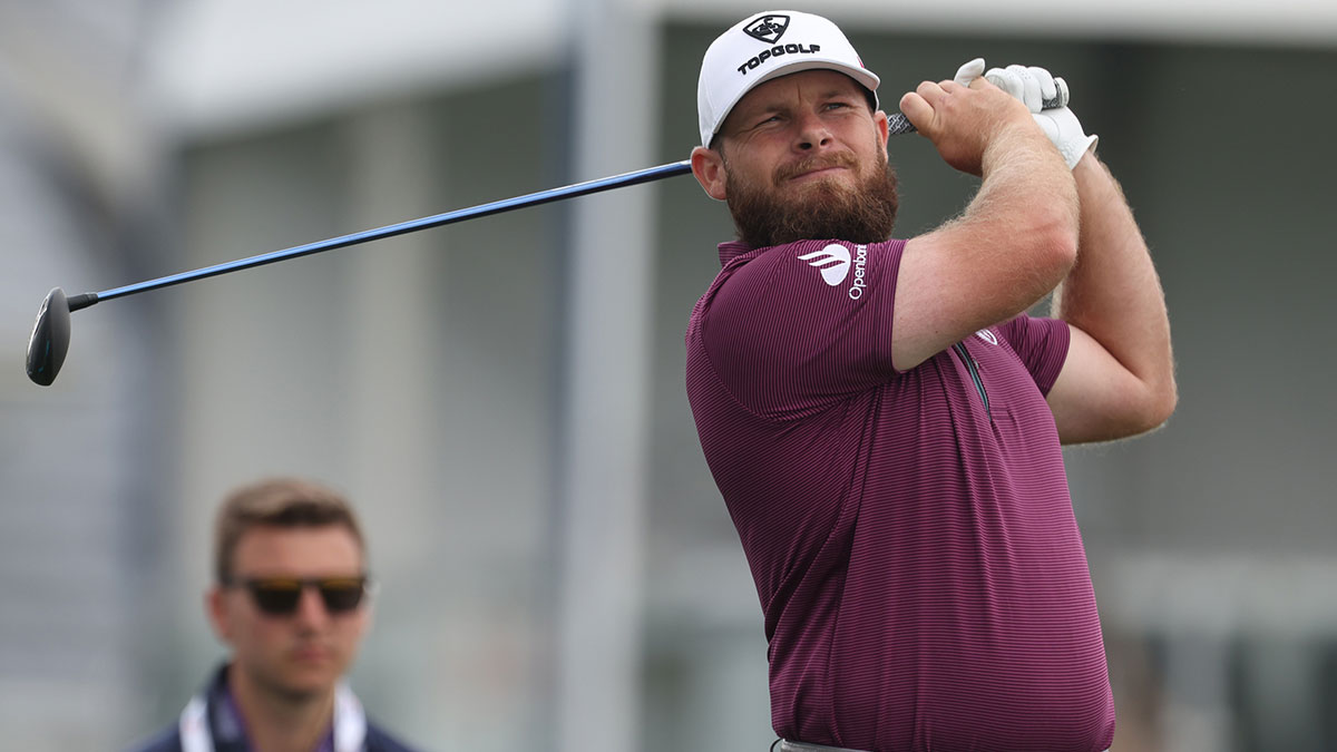 Tyrell Hatton hits from the tenth tee box during a practice round for the U.S. Open golf tournament at Oakmont Country Club