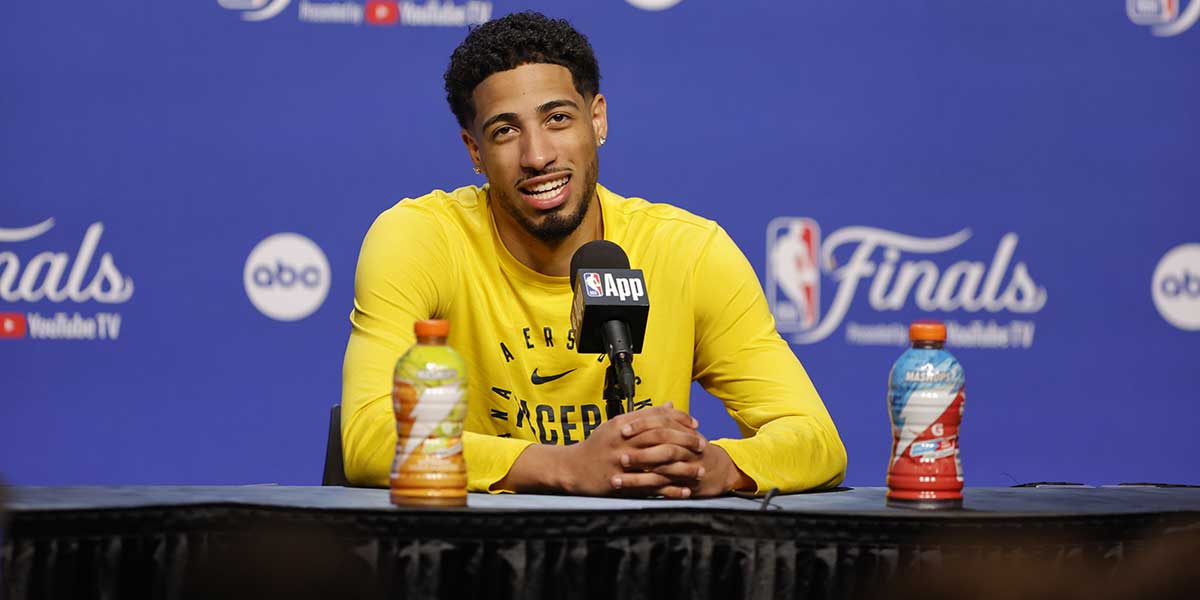 Indiana Pacers guard Tyrese Haliburton (0) during NBA Finals Media Day at Paycom Center.