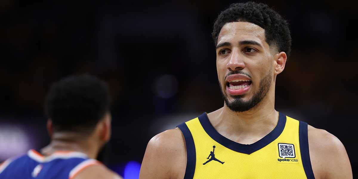 Indiana Pacers guard Tyrese Haliburton (0) looks on in the third quarter during game six of the eastern conference finals against the New York Knicks for the 2025 NBA Playoffs at Gainbridge Fieldhouse.