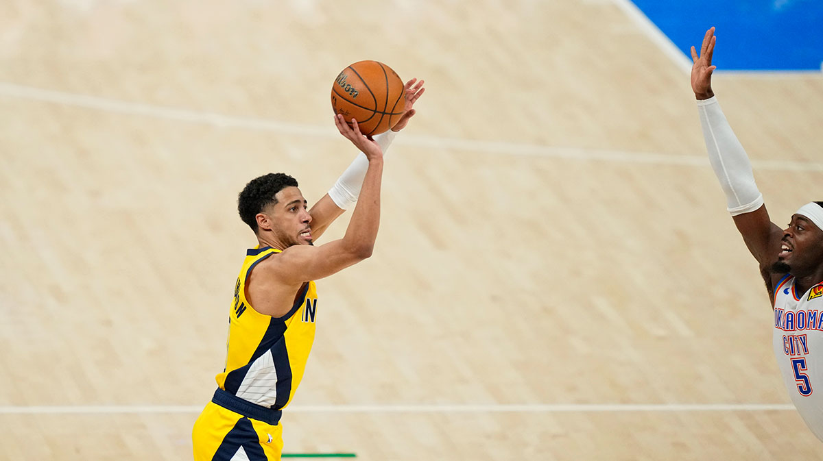 Indiana Pacers guard Tyrese Haliburton (0) shoots the ball against the Oklahoma City Thunder during the third quarter in game one of the 2025 NBA Finals at Paycom Center.
