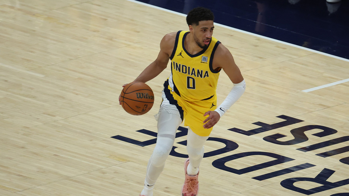 Indiana Pacers guard Tyrese Haliburton (0) drives to the hoop against the Oklahoma City Thunder during the second quarter of game four of the 2025 NBA Finals at Gainbridge Fieldhouse.