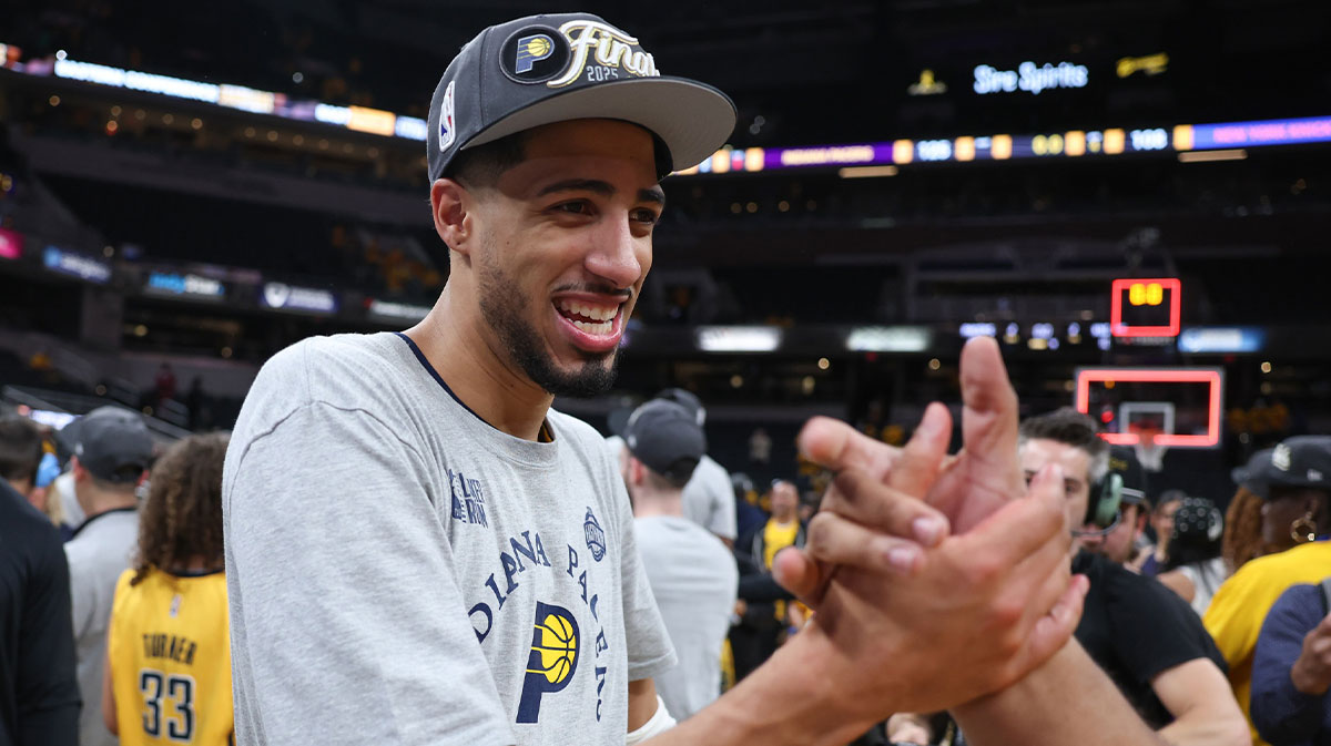 Indiana Pacers guard Tyrese Haliburton (0) reacts after game six of the eastern conference finals against the New York Knicks for the 2025 NBA Playoffs at Gainbridge Fieldhouse.