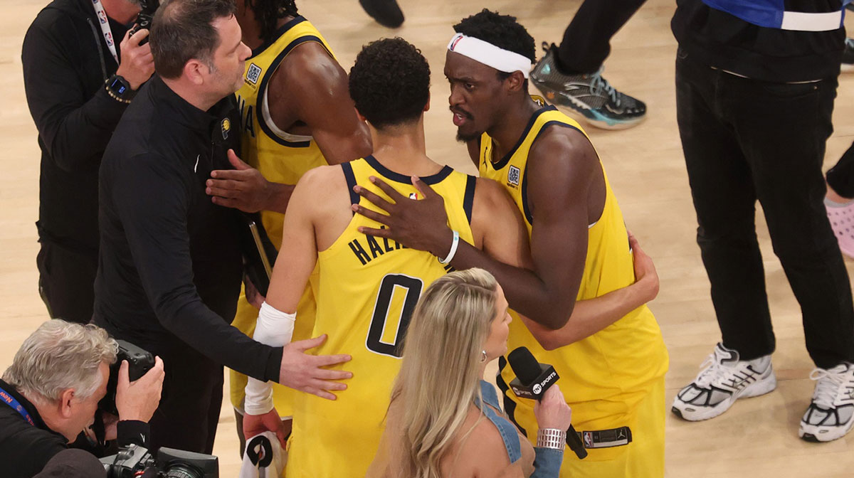 Indiana Pacers guard Tyrese Haliburton (0) and forward Pascal Siakam (43) embrace after defeating the New York Knicks in game two of the eastern conference finals for the 2025 NBA Playoffs at Madison Square Garden.