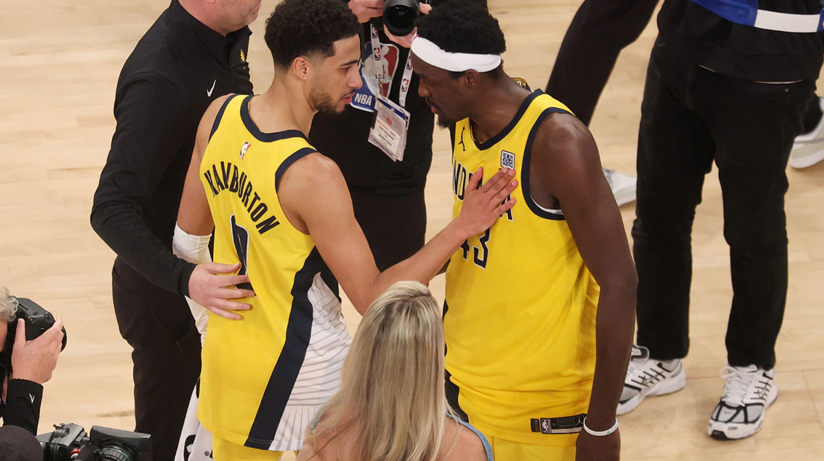 Indiana Pacers guard Tyrese Haliburton (0) and forward Pascal Siakam (43) embrace after defeating the New York Knicks in game two of the eastern conference finals for the 2025 NBA Playoffs at Madison Square Garden.