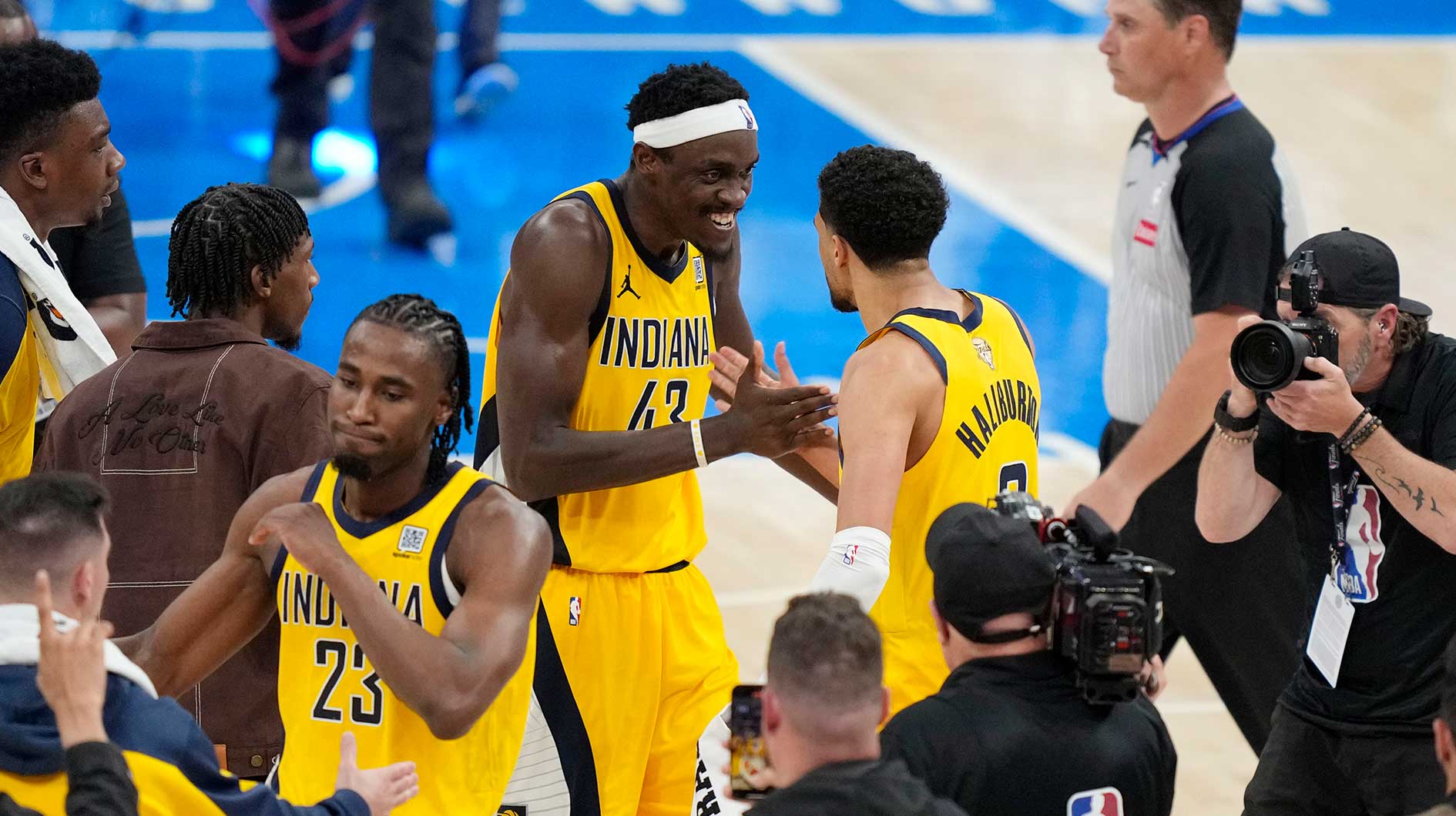 Indiana Pacers forward Pascal Siakam (43) celebrates with guard Tyrese Haliburton (0) after their win against the Oklahoma City Thunder in game one of the 2025 NBA Finals at Paycom Center.