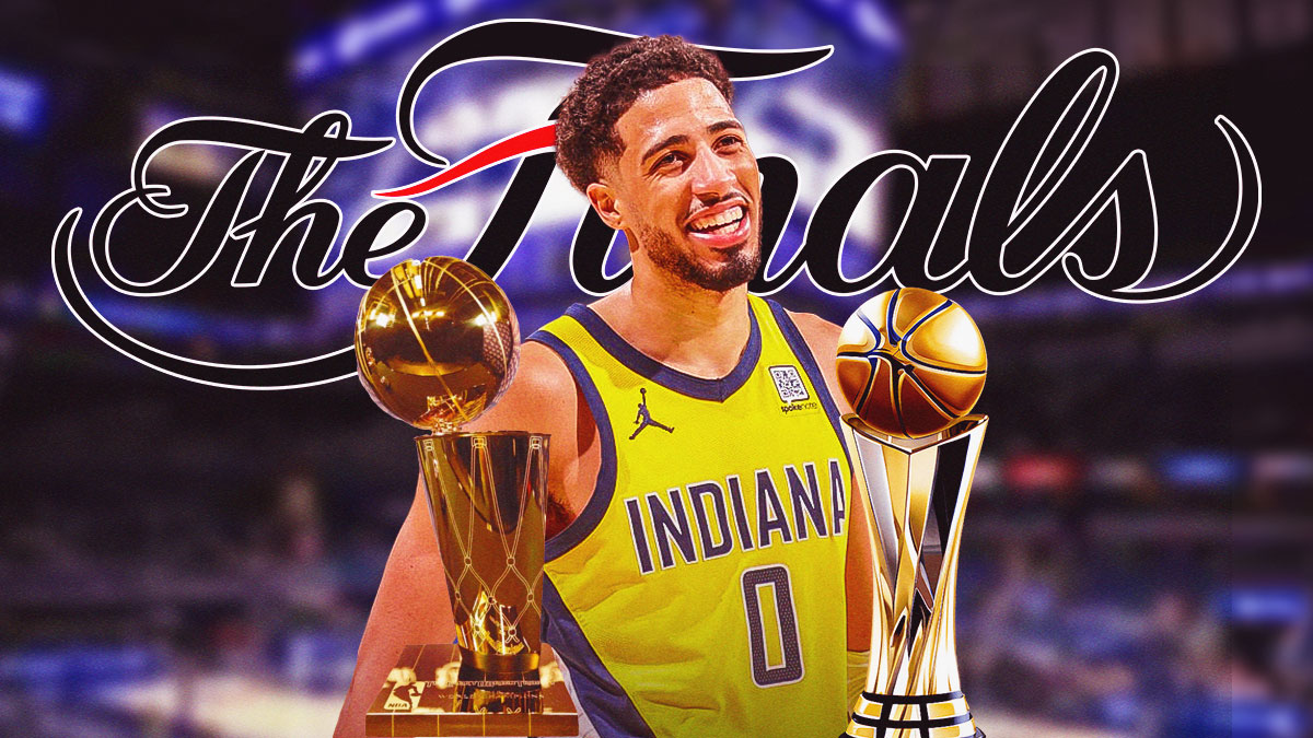 Pacers' Tyrese Haliburton smiling, with NBA Finals logo, Larry O'Brien trophy, and Finals MVP trophy beside him