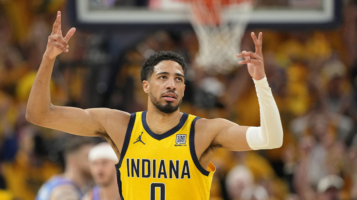 Indiana Pacers star and known WWE fan Tyrese Haliburton in Game 6 against the Oklahoma City Thunder.