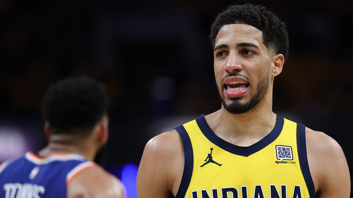 Indiana Pacers guard Tyrese Haliburton (0) looks on in the third quarter during game six of the eastern conference finals against the New York Knicks for the 2025 NBA Playoffs at Gainbridge Fieldhouse.