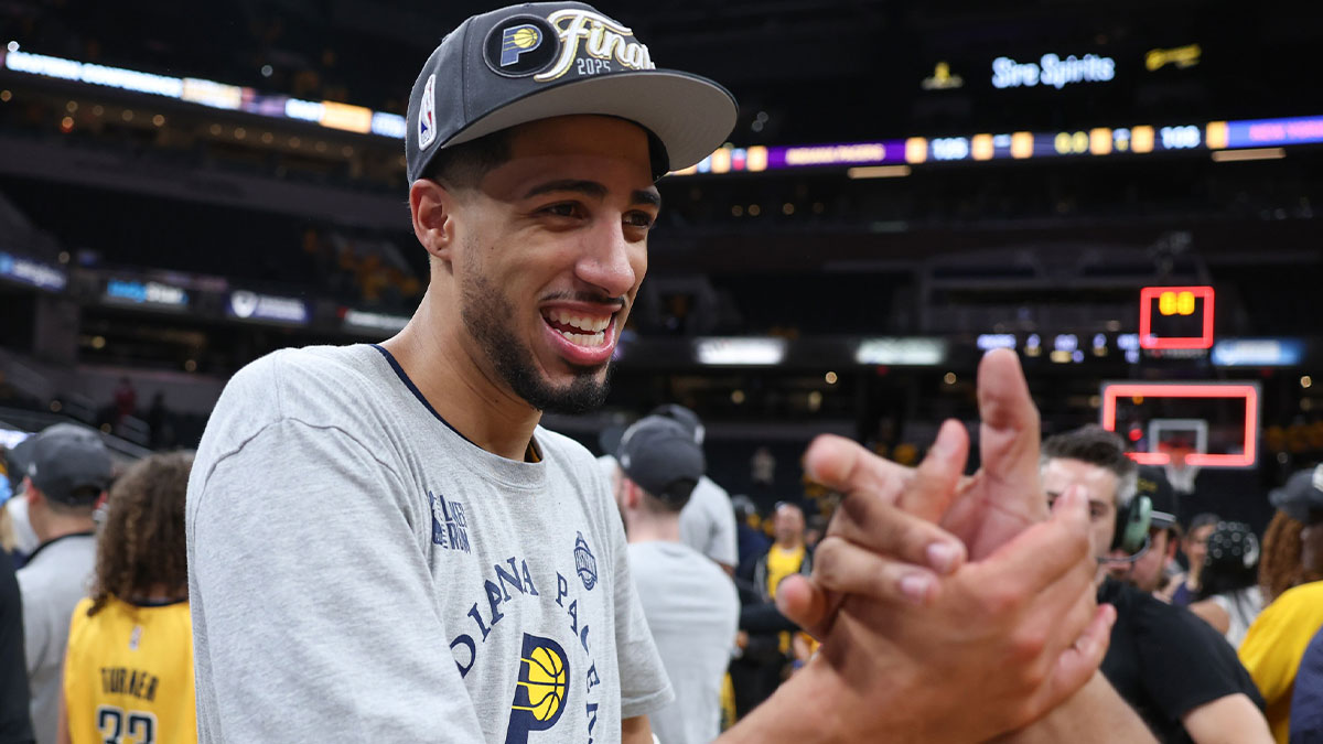 Indiana Pacers guard Tyrese Haliburton (0) reacts after game six of the eastern conference finals against the New York Knicks for the 2025 NBA Playoffs at Gainbridge Fieldhouse.