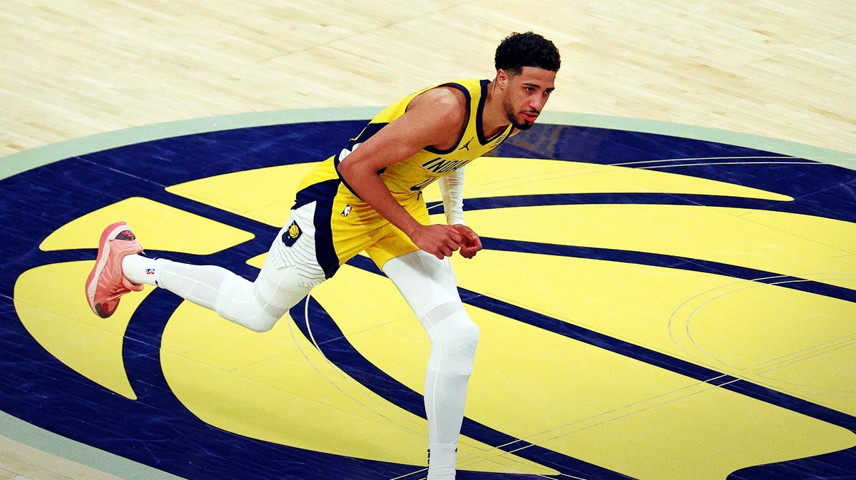Indiana Pacers guard Tyrese Haliburton (0) celebrates after a play during the fourth quarter against the Oklahoma City Thunder in game three of the 2025 NBA Finals at Gainbridge Fieldhouse.